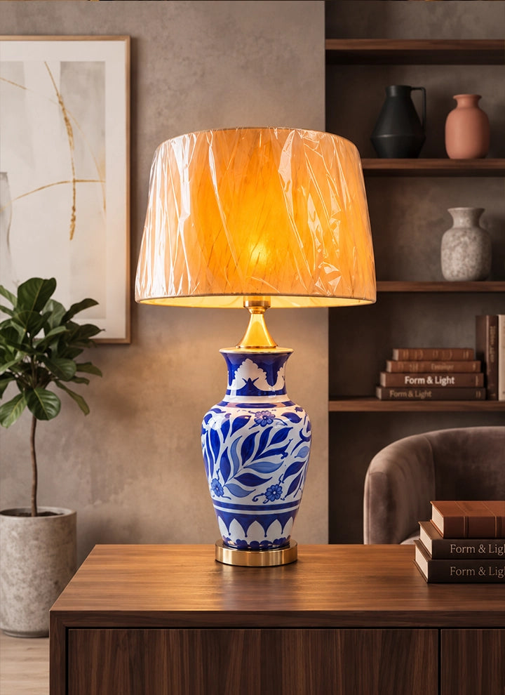 Azure Floral Hand-Painted Ceramic Lamp (Pair)